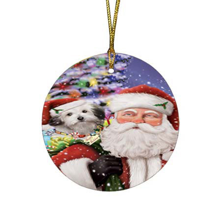 Santa Carrying Bolognese Dog and Christmas Presents Round Flat Christmas Ornament RFPOR55846