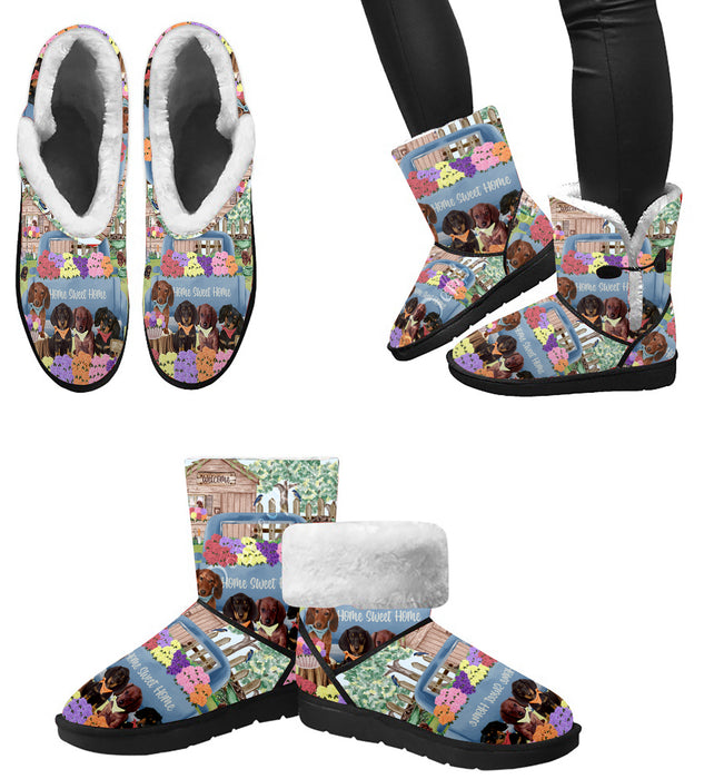 Rhododendron Home Sweet Home Garden Blue Truck Dachshund Dog on Women's Snow Boot