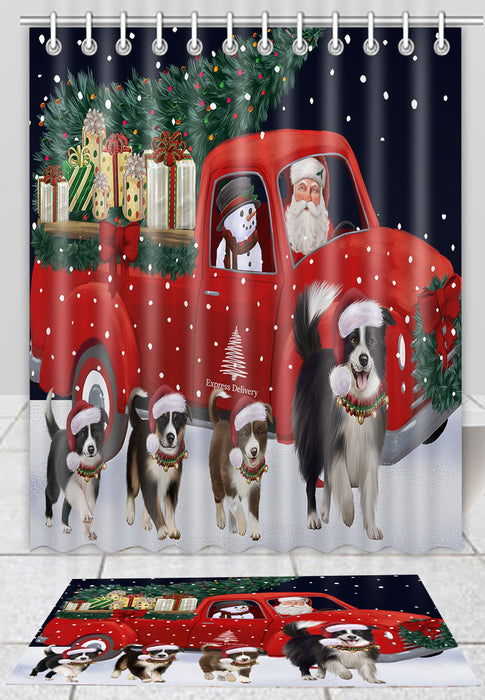 Christmas Express Delivery Red Truck Running Border Collie Dogs Bath Mat and Shower Curtain Combo