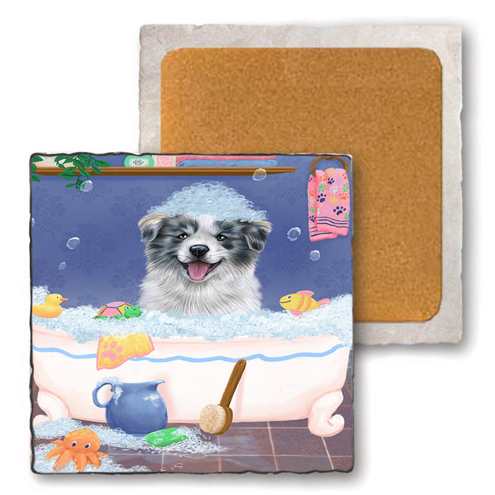 Rub A Dub Dog In A Tub Border Collie Dog Set of 4 Natural Stone Marble Tile Coasters MCST52316