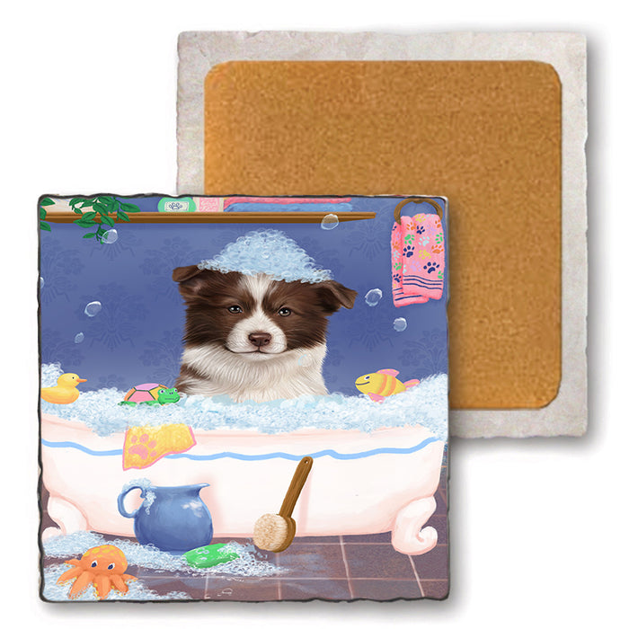Rub A Dub Dog In A Tub Border Collie Dog Set of 4 Natural Stone Marble Tile Coasters MCST52317