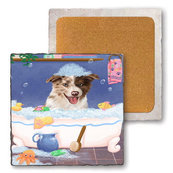 Rub A Dub Dog In A Tub Border Collie Dog Set of 4 Natural Stone Marble Tile Coasters MCST52318