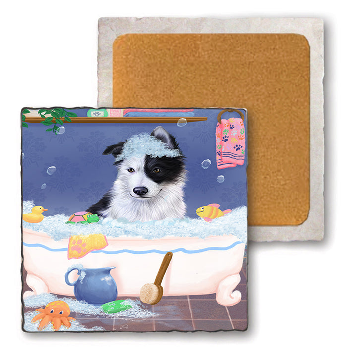 Rub A Dub Dog In A Tub Border Collie Dog Set of 4 Natural Stone Marble Tile Coasters MCST52319