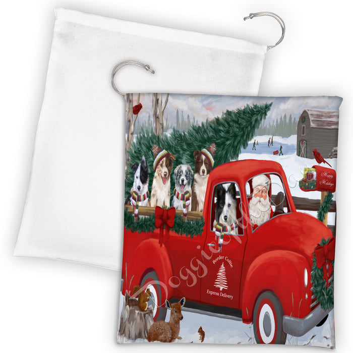 Christmas Santa Express Delivery Red Truck Border Collie Dogs Drawstring Laundry or Gift Bag LGB48286