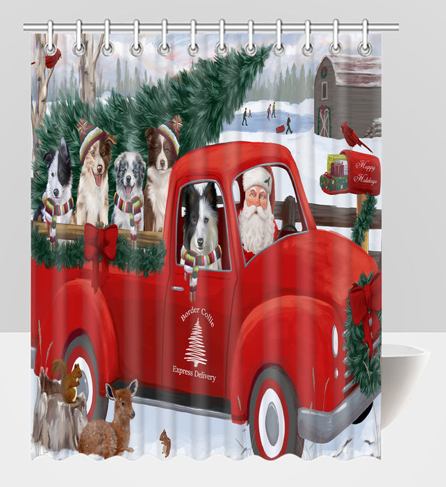 Christmas Santa Express Delivery Red Truck Border Collie Dogs Shower Curtain