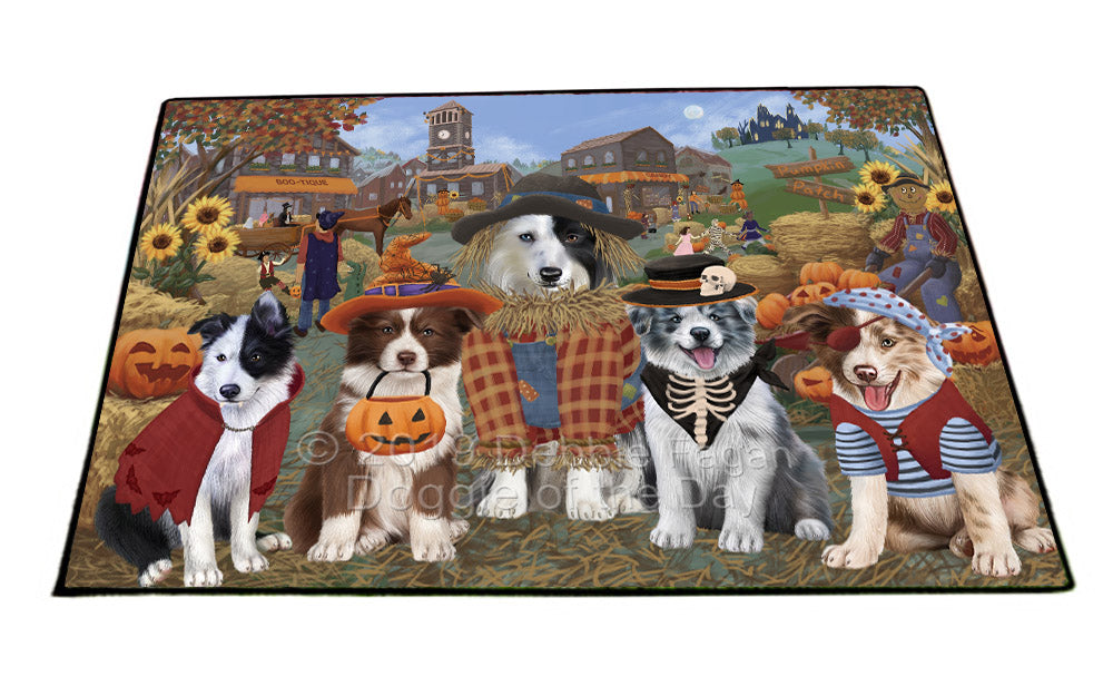 Halloween 'Round Town And Fall Pumpkin Scarecrow Both Border Collie Dogs Floormat FLMS53879