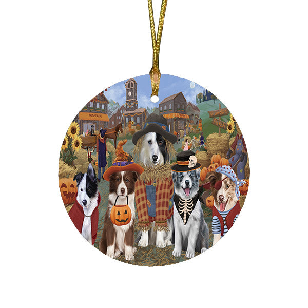 Halloween 'Round Town And Fall Pumpkin Scarecrow Both Border Collie Dogs Round Flat Christmas Ornament RFPOR57382