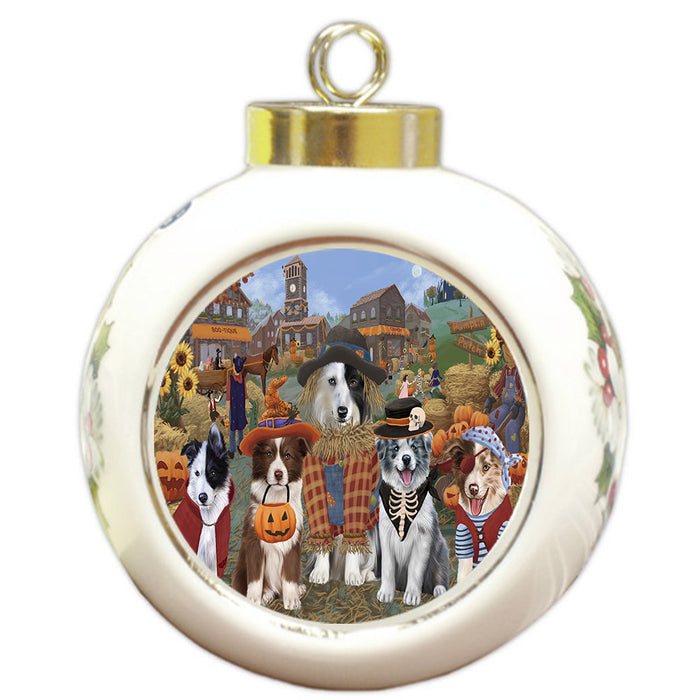 Halloween 'Round Town And Fall Pumpkin Scarecrow Both Border Collie Dogs Round Ball Christmas Ornament RBPOR57382