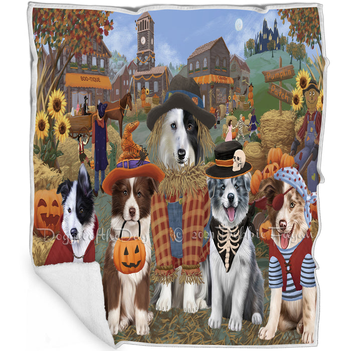 Halloween 'Round Town And Fall Pumpkin Scarecrow Both Border Collie Dogs Blanket BLNKT138764