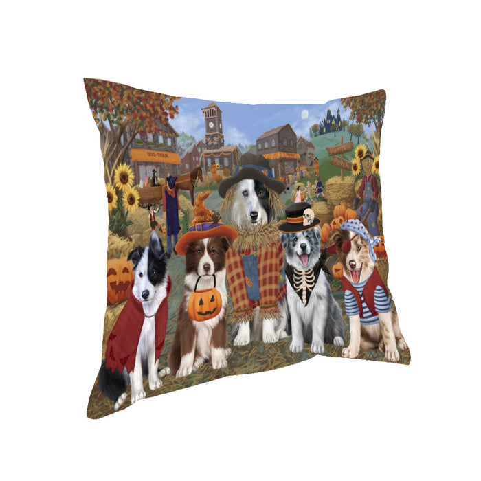 Halloween 'Round Town And Fall Pumpkin Scarecrow Both Border Collie Dogs Pillow PIL82312