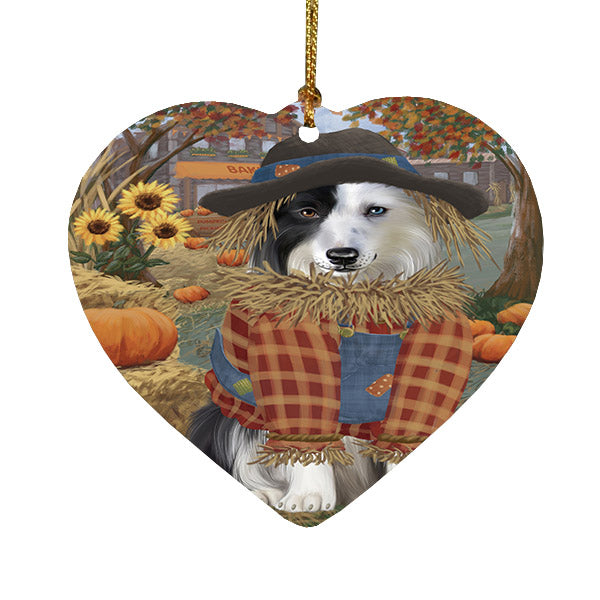 Fall Pumpkin Scarecrow Border Collie Dogs Heart Christmas Ornament HPOR57539