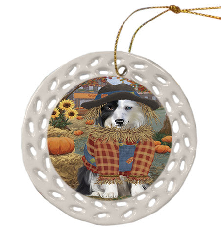 Fall Pumpkin Scarecrow Border Collie Dogs Ceramic Doily Ornament DPOR57539