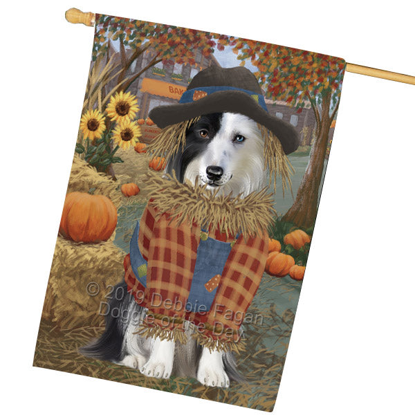 Halloween 'Round Town And Fall Pumpkin Scarecrow Both Border Collie Dogs House Flag FLG65695