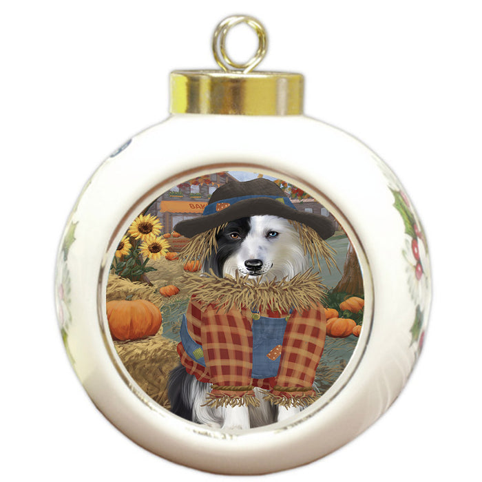 Halloween 'Round Town And Fall Pumpkin Scarecrow Both Border Collie Dogs Round Ball Christmas Ornament RBPOR57443