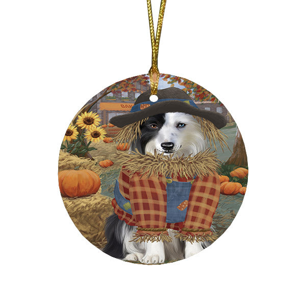 Halloween 'Round Town And Fall Pumpkin Scarecrow Both Border Collie Dogs Round Flat Christmas Ornament RFPOR57443