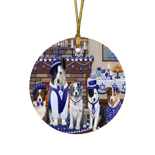 Happy Hanukkah Family and Happy Hanukkah Both Border Collie Dogs Round Flat Christmas Ornament RFPOR57504