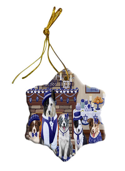 Happy Hanukkah Family Border Collie Dogs Star Porcelain Ornament SPOR57600