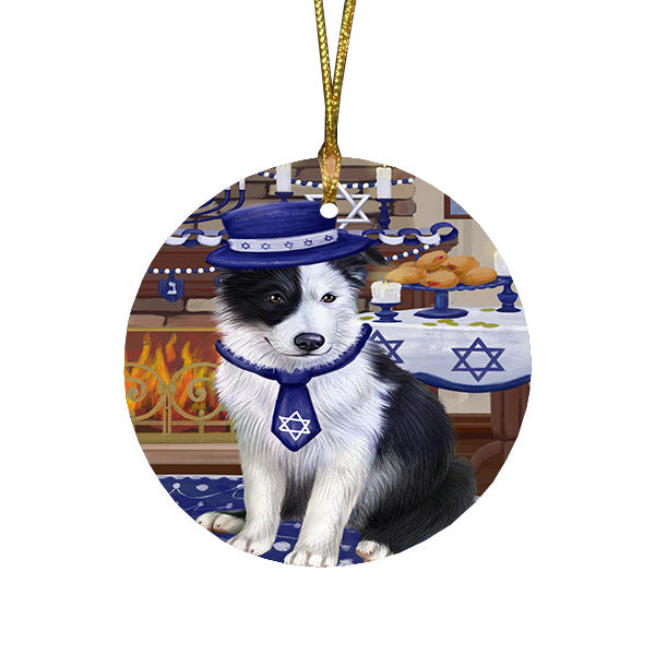 Happy Hanukkah Family and Happy Hanukkah Both Border Collie Dog Round Flat Christmas Ornament RFPOR57560