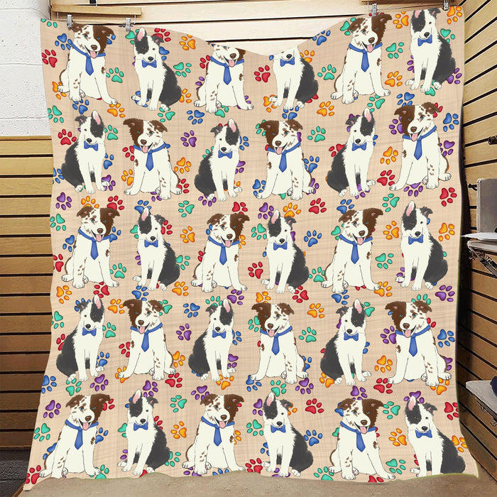 Rainbow Paw Print Border Collie Dogs Blue Quilt