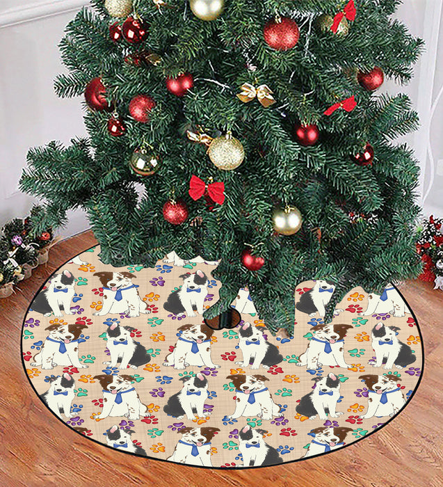 Rainbow Paw Print Border Collie Dogs Blue Christmas Tree Skirt