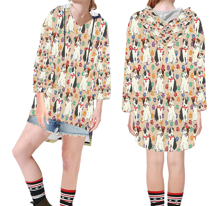 Rainbow Paw Print Border Collie Dogs Red Step Hem Women's Hoodie