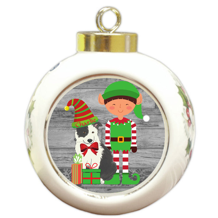 Custom Personalized Border Collie Dog Elfie and Presents Christmas Round Ball Ornament