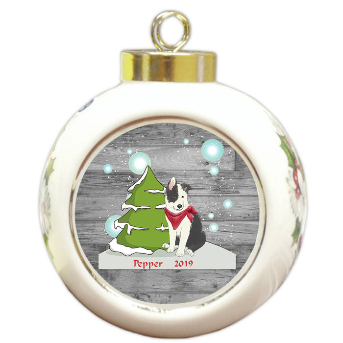 Custom Personalized Winter Scenic Tree and Presents Border Collie Dog Christmas Round Ball Ornament