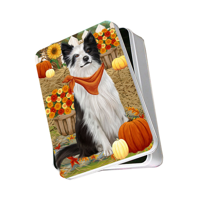 Fall Autumn Greeting Border Collie Dog with Pumpkins Photo Storage Tin PITN50691