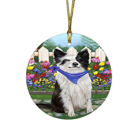 Spring Floral Border Collie Dog Round Flat Christmas Ornament RFPOR49789