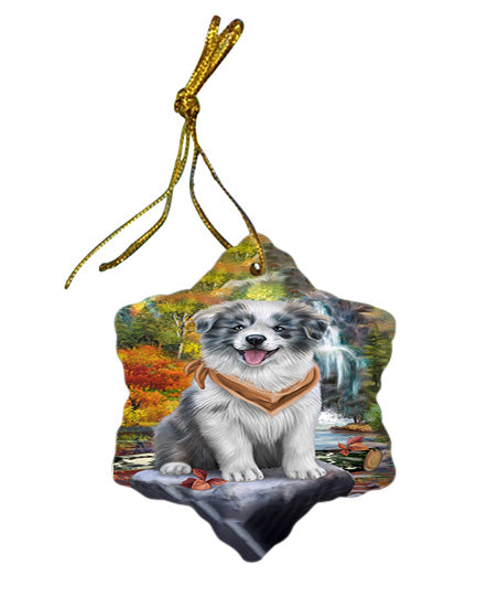 Scenic Waterfall Border Collie Dog Star Porcelain Ornament SPOR49698