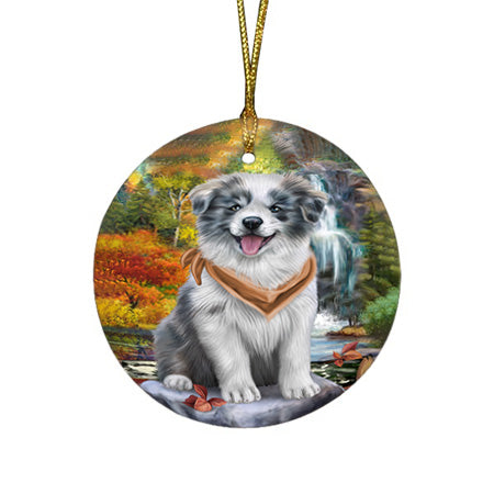 Scenic Waterfall Border Collie Dog Round Flat Christmas Ornament RFPOR49697