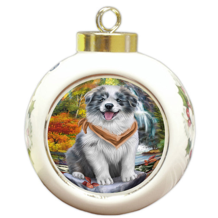 Scenic Waterfall Border Collie Dog Round Ball Christmas Ornament RBPOR49706