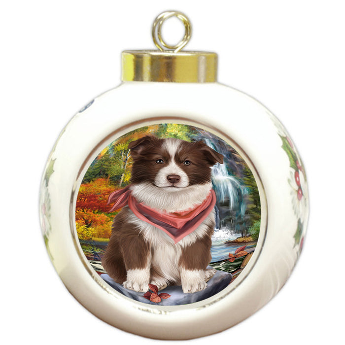 Scenic Waterfall Border Collie Dog Round Ball Christmas Ornament RBPOR49707