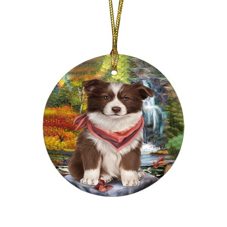 Scenic Waterfall Border Collie Dog Round Flat Christmas Ornament RFPOR49698