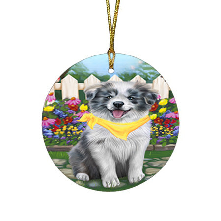 Spring Floral Border Collie Dog Round Flat Christmas Ornament RFPOR49791