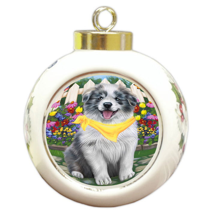 Spring Floral Border Collie Dog Round Ball Christmas Ornament RBPOR49800