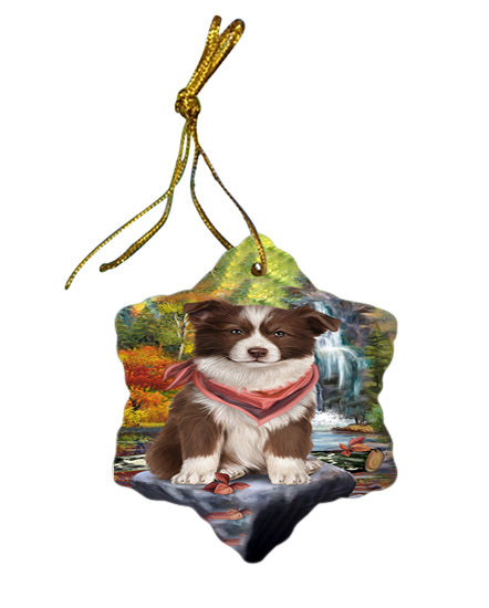 Scenic Waterfall Border Collie Dog Star Porcelain Ornament SPOR49699