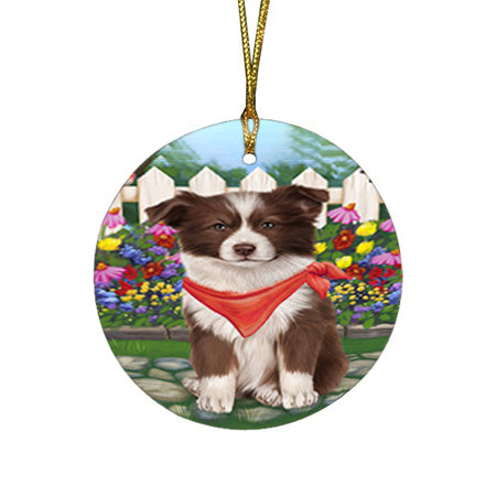 Spring Floral Border Collie Dog Round Flat Christmas Ornament RFPOR49792