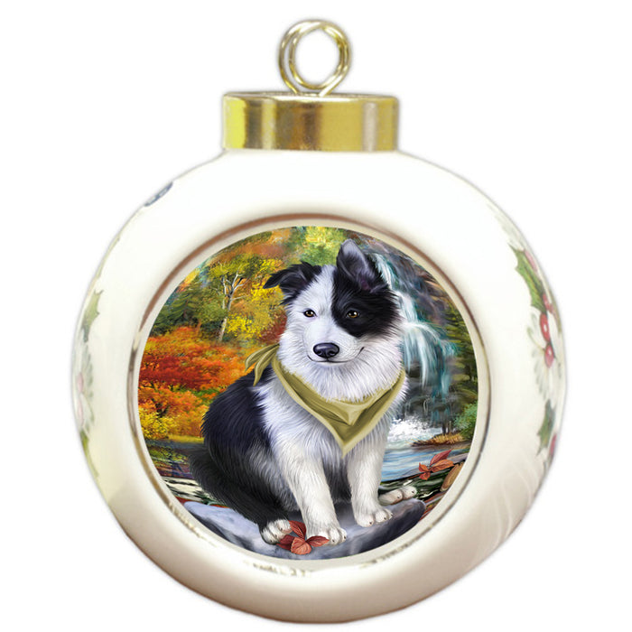 Scenic Waterfall Border Collie Dog Round Ball Christmas Ornament RBPOR49708