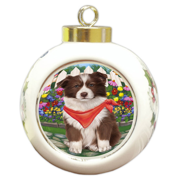 Spring Floral Border Collie Dog Round Ball Christmas Ornament RBPOR49801