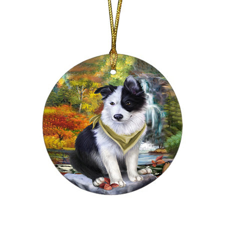 Scenic Waterfall Border Collie Dog Round Flat Christmas Ornament RFPOR49699