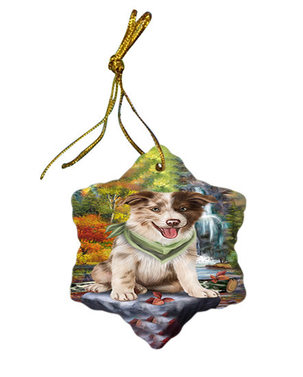 Scenic Waterfall Border Collie Dog Star Porcelain Ornament SPOR49701