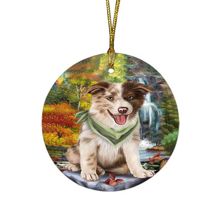 Scenic Waterfall Border Collie Dog Round Flat Christmas Ornament RFPOR49700