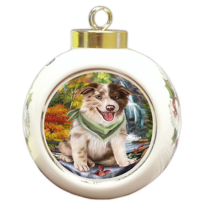 Scenic Waterfall Border Collie Dog Round Ball Christmas Ornament RBPOR49709