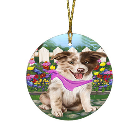 Spring Floral Border Collie Dog Round Flat Christmas Ornament RFPOR49793