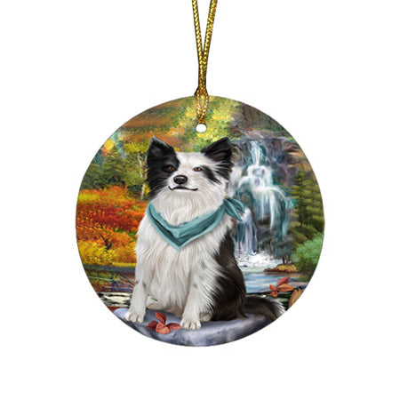 Scenic Waterfall Border Collie Dog Round Flat Christmas Ornament RFPOR49701
