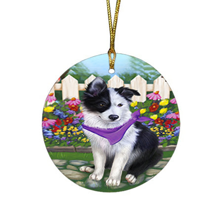 Spring Floral Border Collie Dog Round Flat Christmas Ornament RFPOR49794