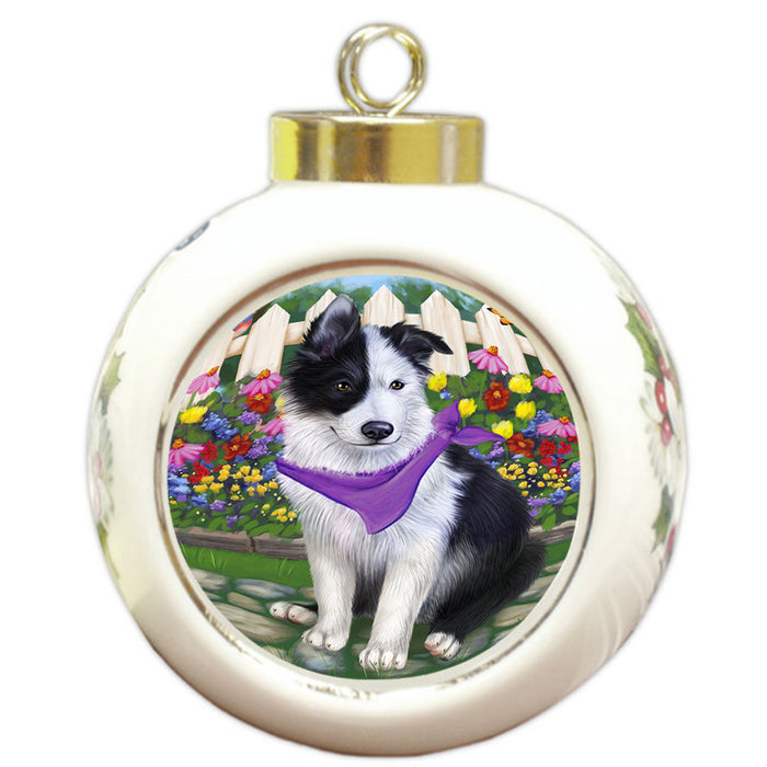 Spring Floral Border Collie Dog Round Ball Christmas Ornament RBPOR49803