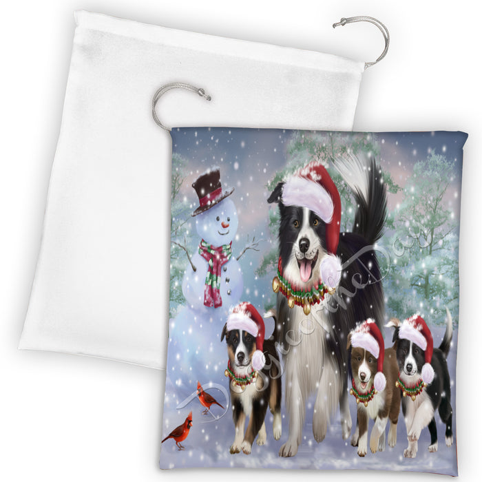 Christmas Running Fammily Border Collie Dogs Drawstring Laundry or Gift Bag LGB48208