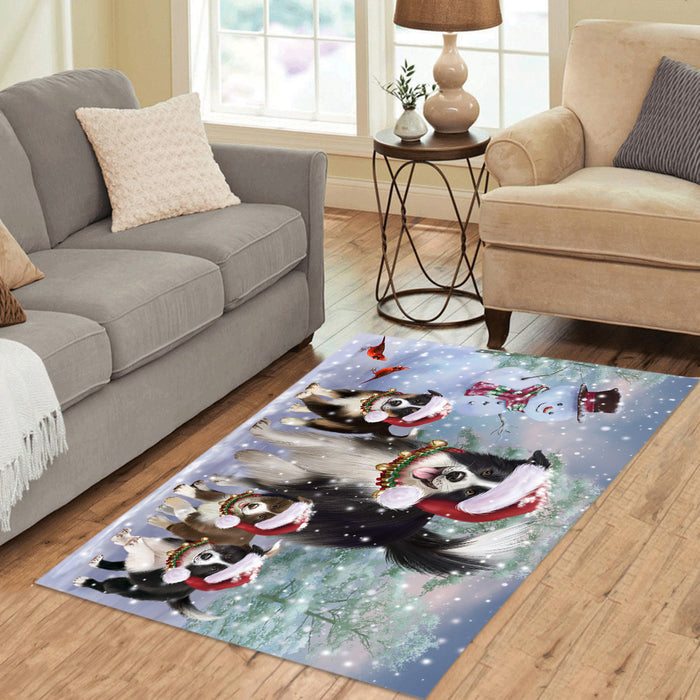 Christmas Running Fammily Border Collie Dogs Area Rug